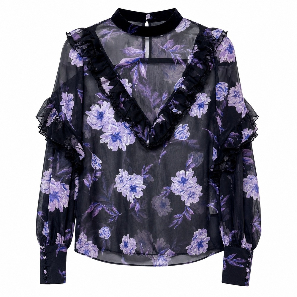 Floral Semi Sheer Ruffle Blouse Women Small Romantic Goth Cottage Puff Sleeve